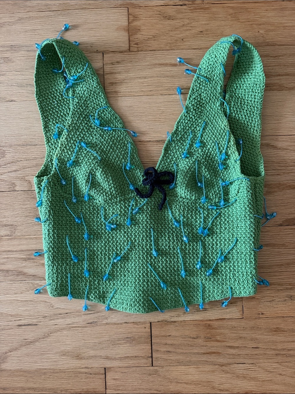 Handmade Green Crochet Tank Top with Blue Accent